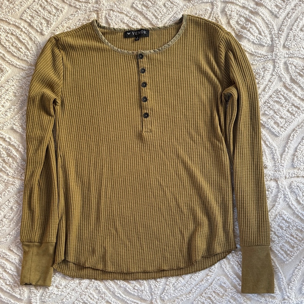 VENOR Olive Green Waffle Henley Long Sleeve Top, Large